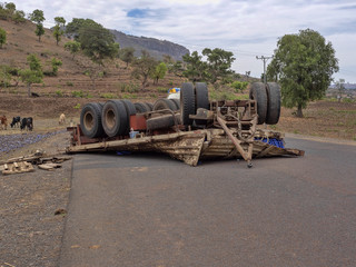 Fototapeta na wymiar The inverted truck on the road is seen very often in Ethiopia