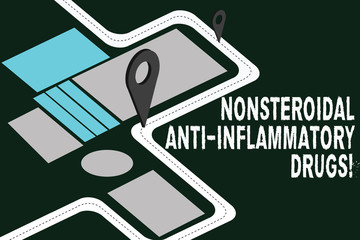 Writing note showing Nonsteroidal Anti Inflammatory Drugs. Business photo showcasing class of medicine that reduces pain Road Map Navigation Marker 3D Locator Pin for Direction Route Advisory