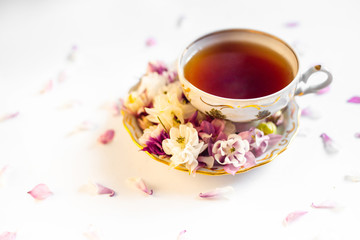 Breakfast with bell flower, vintage golden plates and black tea mug composition.Pink and beige plants on a white background surrounded by stairs.