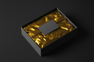 Black realistic open cardboard box with golden wrapping paper and a business card. Mock up. 3d rendering