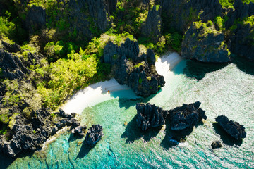 Aerial view of Hidden beach in El Nido, Palawan, Philippines