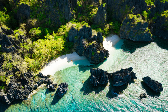 Aerial view of Hidden beach in El Nido, Palawan, Philippines