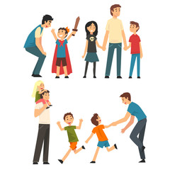 Dads Playing with Their Children Set, Fathers, Sons and Daughters Having Fun Together, Best Dad, Happy Family Cartoon Vector Illustration