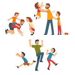 Dads Playing with Children Set, Fathers, Sons and Daughters Having Fun Together, Best Dad, Happy Family Concept Cartoon Vector Illustration
