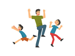 Fototapeta na wymiar Father Playing with Sons, Dad and His Children Having Good Time Together, Happy Family, Best Dad Cartoon Vector Illustration