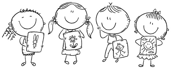 Kids presenting their drawings, black and white