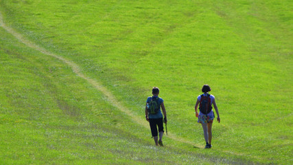 Two Women Walking on the South Downs  East Sussex England.