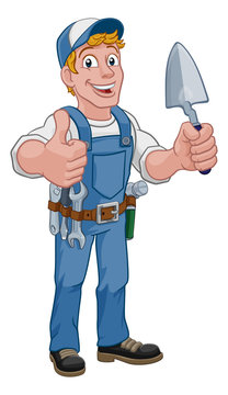 Construction site handyman builder man holding a trowel tool cartoon mascot.Giving a thumbs up
