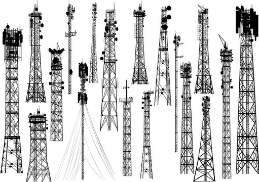 group with eighting antenna towers on white