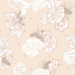 Vector Cream Bees with Roses on dots seamless pattern background.