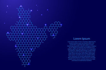 India map from futuristic hexagonal shapes, lines, points  blue and glowing stars in nodes, form of honeycomb or molecular structure for banner, poster, greeting card. Vector illustration.