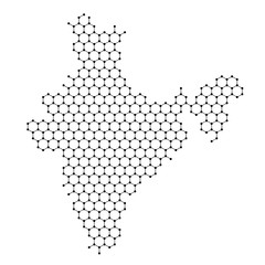 India map from abstract futuristic hexagonal shapes, lines, points black, in the form of honeycomb or molecular structure. Vector illustration.