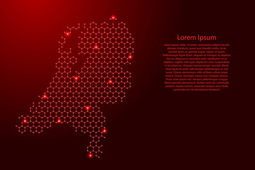 Netherlands map from futuristic hexagonal shapes, lines, points red and glowing stars in nodes, form of honeycomb or molecular structure for banner, poster, greeting card. Vector illustration.