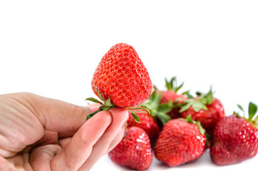 strawberry in hand on white background