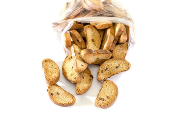 rusks with raisins in  on white background