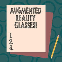 Handwriting text writing Augmented Reality Glasses. Concept meaning Digital eye glasses Personal imaging system Stack of Blank Different Pastel Color Construction Bond Paper and Pencil