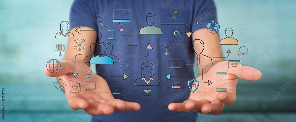 Poster businessman using thin line social network icons interface