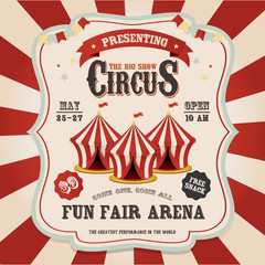 Circus tent. Vintage circus banner with bright bulbs,dome tent, highlights, gold stars, ribbon and garlands. Fun fair vector poster. Bright retro frame with text. © Elena Baryshkina
