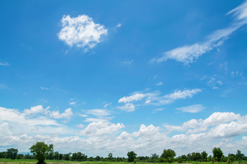 blue sky with white clouds and farm land