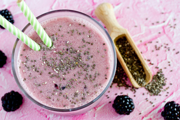 Chia pudding with fresh blackberry in glass, healthy food idea