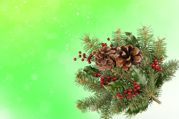Christmas greeting card with fir tree branches and cones, snow, berries, copy space