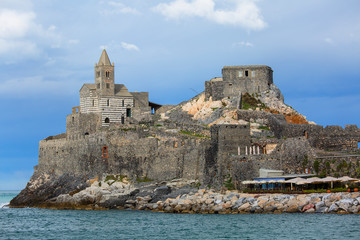 Medieval church of St. Peter, view from the sea,  Portovenere, Cinque Terre; Italy