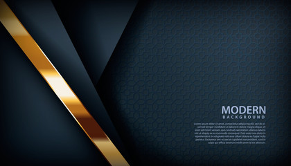 Dark abstract background with black overlap layers. Texture with golden effect element decoration. Luxury design concept.
