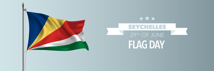 Seychelles happy flag day greeting card, banner vector illustration