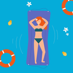 Girl resting on the mattress in the pool. Summer illustrations collection. Girl power. Active lifestyle concept