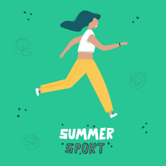Fototapeta na wymiar Girl is engaged in running. Summer sport illustrations collection. Girl power. Active lifestyle concept