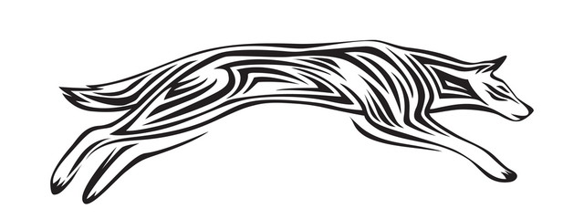 Stylized silhouette of wolf. Vector animal illustration, black isolated on white background. Graphic image for tattoo, logo or mascot. Symbol of power and freedom