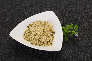 Peeled hemp seeds in the bowl