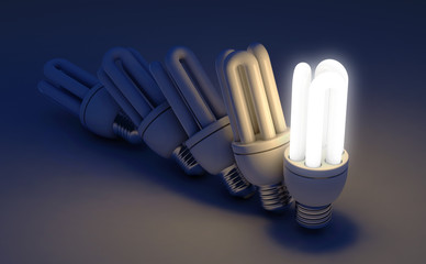 Single Light Bulb Illuminated In Row