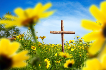 close up wooden cross on flower covered landscape over sunny blue sky