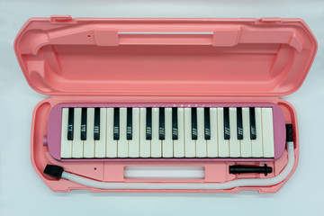 Musical pink melodian with hard plastic case isolated on white