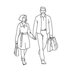 Tall man with packages and woman walking with him by the hand. Monochrome vector illustration of couple of young people shopping in simple line art style. Black lines isolated on white background.