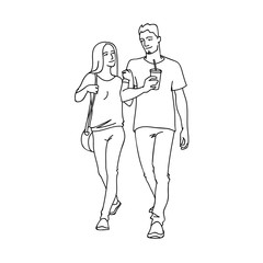 Tall man with cup of soda and woman walking with him by the hand. Monochrome vector illustration of couple of young people going for a stroll in simple line art style. Black lines on white background.