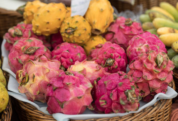 Fresh ripe dragon fruits or Pitaya  in Mercado Dos Lavradores. Funchal, Madeira, Portugal
