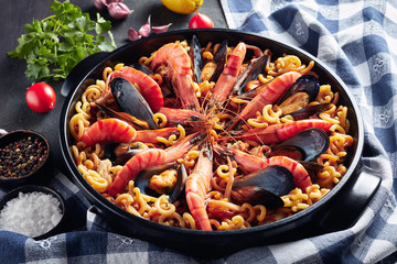 Spanish Fideua, a noodle Paella with seafood
