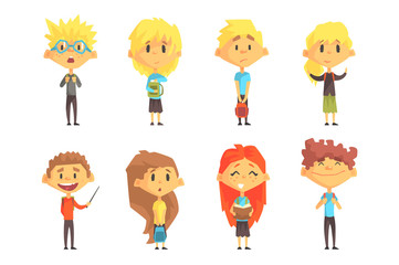 Flat vector set of funny school children. Kids with books in hands and backpacks on shoulders. Cute boys and girls in casual clothes