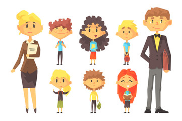 Flat vector set of disciples with books and backpacks. Pupils of elementary school. Education theme