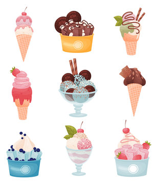 Set of images of ice cream in different forms. Vector illustration on white background.
