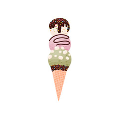 Three balls of ice cream in a waffle cone. Vector illustration on white background.