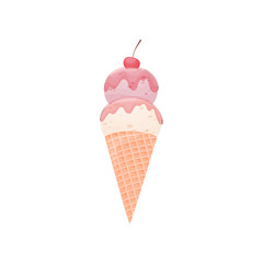 Pink ice cream in a waffle cone. Vector illustration on white background.