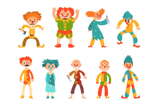 Flat vector set of evil clowns. Scary men in colorful costumes and weapon in hands. Cartoon characters with makeup on faces and crazy hair
