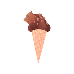 Chocolate ice cream in a waffle cone. Vector illustration on white background.