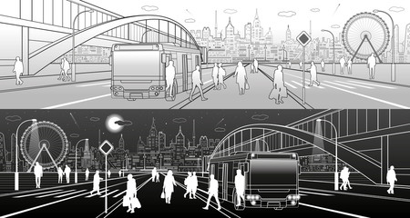 City scene, people walk down the street, passengers leave the bus, night city, Illuminated highway, transitional arch bridge on background. Dark and light sketch. Outline vector illustration