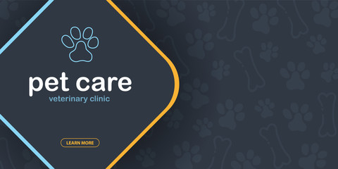 Pet Care. Home animals. Banner with cat or dog paws. Hand draw doodle background.