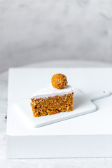 Healthy Homemade Carrot Cake on marble background with copy space
