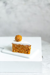 Healthy Homemade Carrot Cake on marble background with copy space